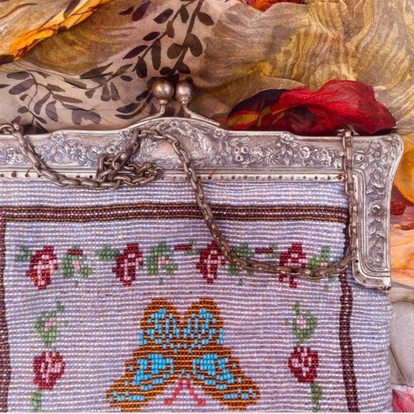 1920's silver plated beaded purse, butterfly beaded - Picture 5 of 6